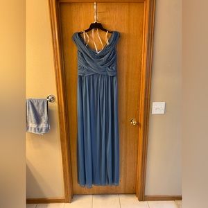 Crisscross Off the Shoulder Mesh Bridesmaid Dress. Steel Blue